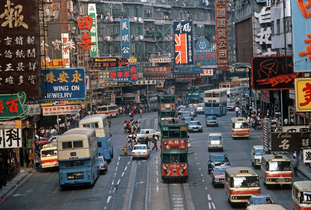 Busy Hong Kong street beneath the Wing On Jewelry sign